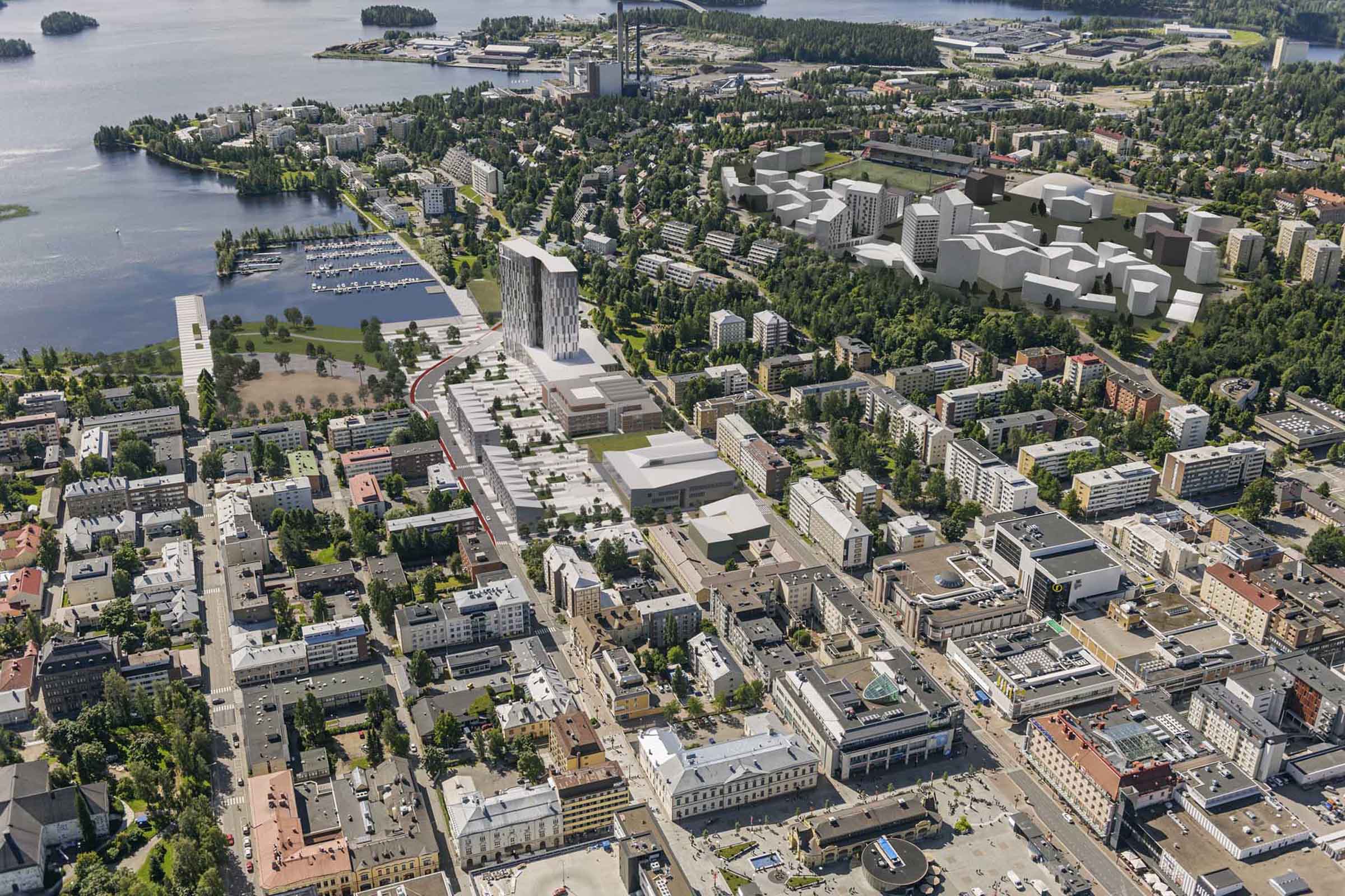 Kuopionlahden arkkitehtuurikilpailu sekä asemakaavan viitesuunnittelu, maisema, lintuperspektiivi.