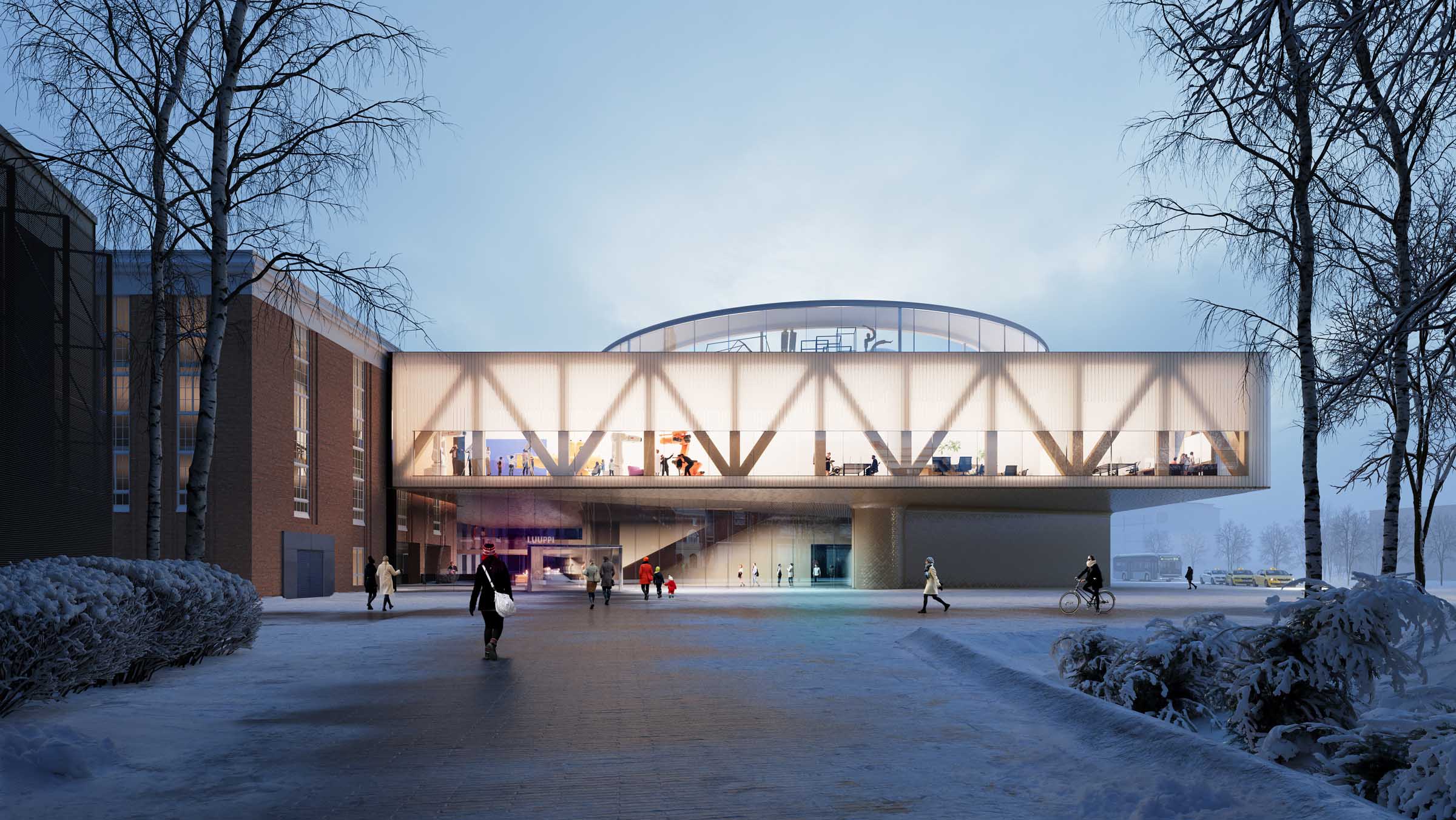 Oulun museo- ja tiedekeskusrakennuksen arkkitehtuurikilpailu, julkisivu iltavalaistuksessa.